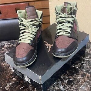 Air Jordan 1 Retro High Men's Sneakers - Olive Green and Dark Brown